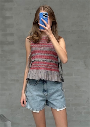 Check cotton smocked tie string top Chicory Coffee A1040365 Ganni 